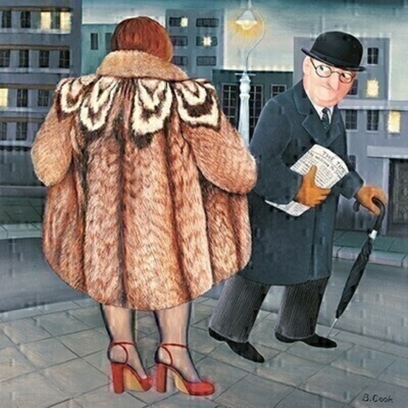 Funny Fur Coat Flasher Card by Paper Rose This blank greetings card from Paper Rose has been designed by Beryl Cook and has a picture of a lady in a furcoat flashing to a business man.  The card is blank inside so you can write your own message and it comes complete with white envelope.  This humourous card is perfect to send someone to brighten up their day.